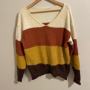 Aaron & Amber fuzzy and super soft sweater orange mustard brown stripe size S